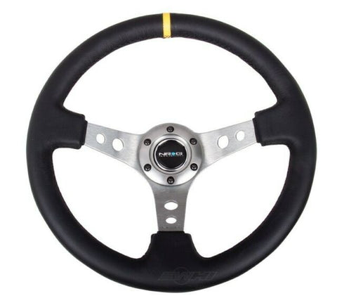 NRG 350mm 3" Deep Dish w/ Holes Gunmetal Black Stitch Leather Steering Wheel Yellow Stripe